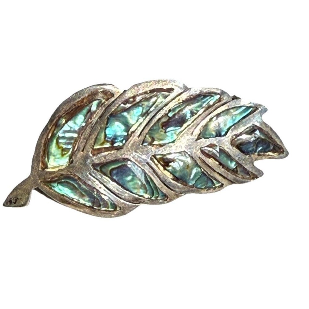 Vintage Taxco Leaf Brooch Pin 925 Abalone Shell Inlay (read description)